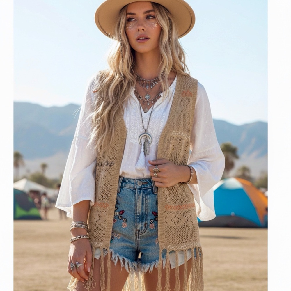 AND THE WHY Boho Crochet Fringe Vest - Tan Embroidered Open Front Cardigan S/M/L